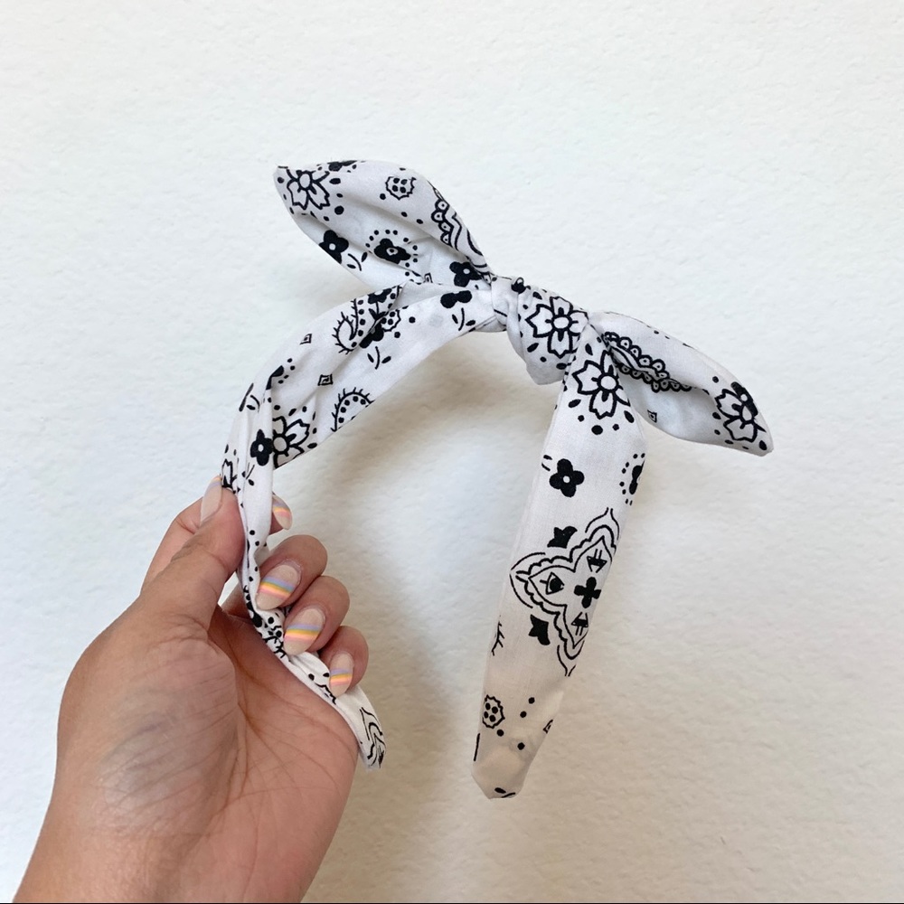 White printed bow headband